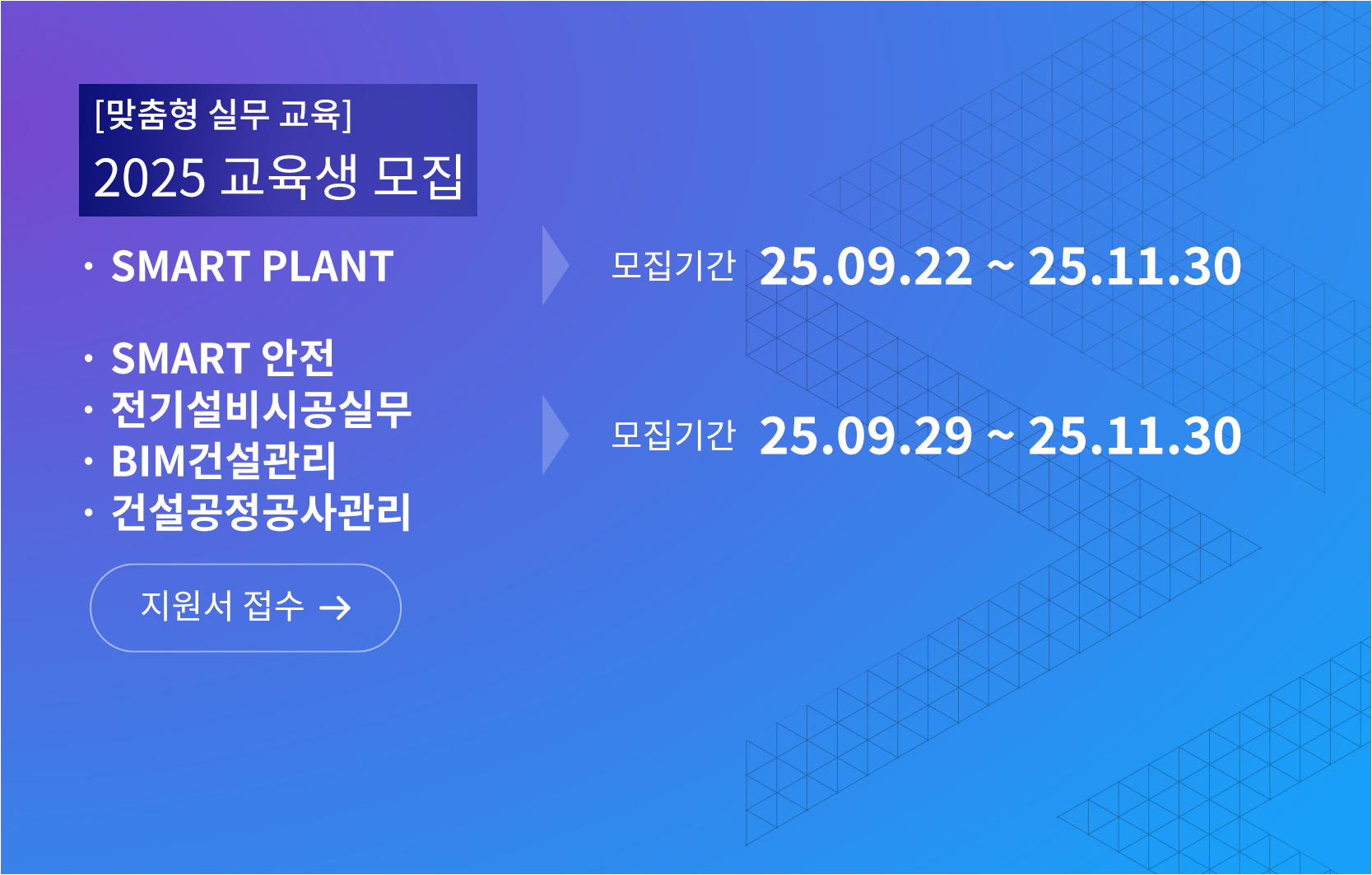 맞춤형 실무 교육 2025 교육생 모집, Smart Plant  모집기간 25년 9월 22일부터 25년 11월 30일까지, Smart 안전, 전기설비시공실무, BIM건설관리, 건설공정공사관리  모집기간 25년 9월 29일부터 25년 11월 30일까지 지원서 접수 바로가기
