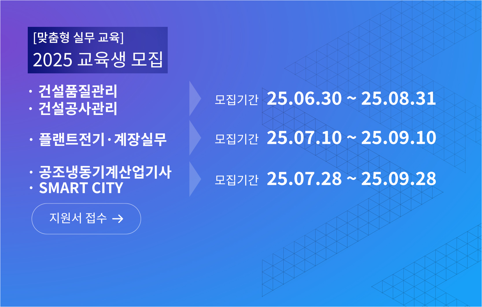 맞춤형 실무 교육 2025 교육생 모집, 건설품질관리, 건설공사관리, 모집기간 25년 6월 30일부터 25년 8월 31일까지, 플랜트전기계장실무 모집기간 25년 7월 10일부터 25년 9월 10일까지, 공조냉동기계산업기사, Smart City 모집기간 25년 7월 28일부터 25년 9월 28일까지 지원서 접수 바로가기