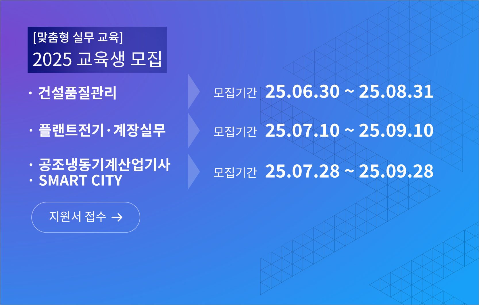 맞춤형 실무 교육 2025 교육생 모집, 건설품질관리, 모집기간 25년 6월 30일부터 25년 8월 31일까지, 플랜트전기계장실무 모집기간 25년 7월 10일부터 25년 9월 10일까지, 공조냉동기계산업기사, Smart City 모집기간 25년 7월 28일부터 25년 9월 28일까지 지원서 접수 바로가기