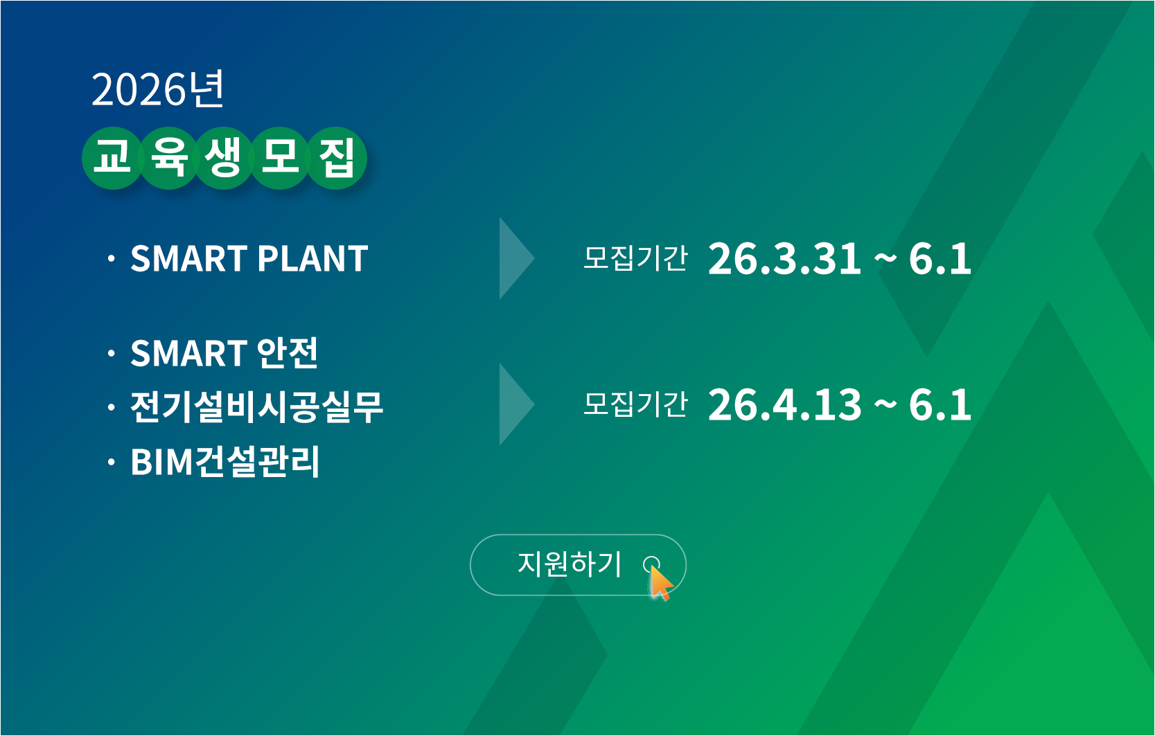 2026년 교육생 모집, Smart Plant 모집기간 26년 3월 31일부터 26년 6월 1일까지, Smart 안전, 전기설비시공실무, BIM건설관리, 모집기간 26년 4월 13일부터 26년 6월 1일까지, 지원하기 바로가기