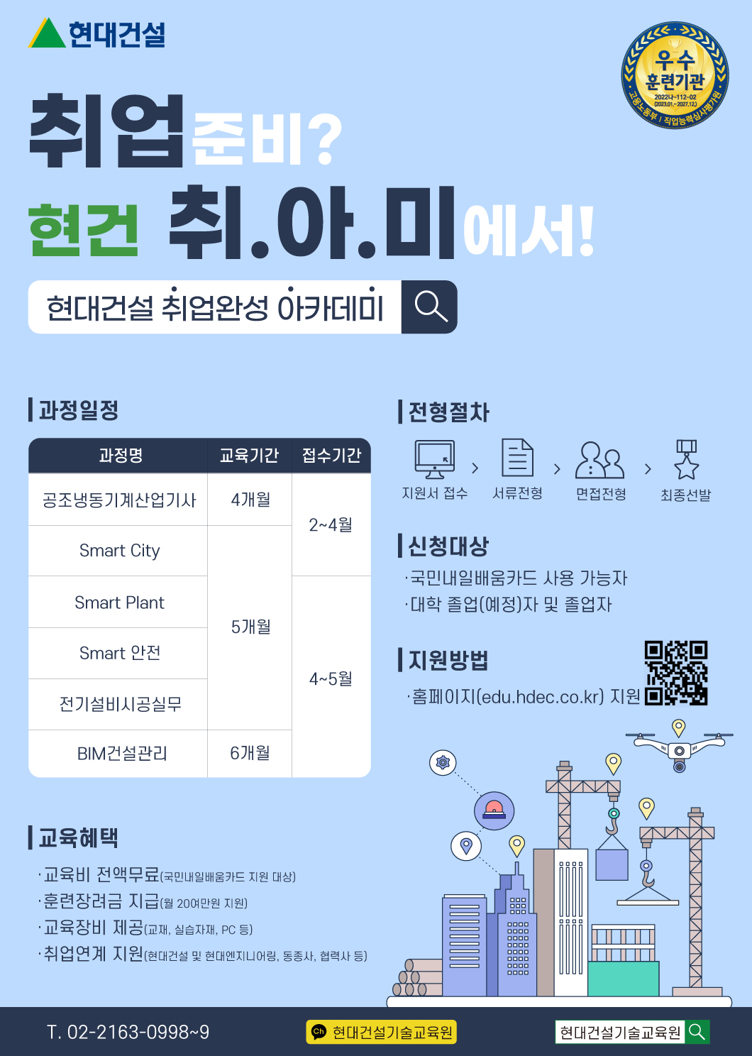 글로벌 건설 기술인재 양성 2025 현대건설 취업완성 아카데미 우수훈련기관, 모집일정: 과정명 공조냉동기계산업기사 교육 4개월 접수 2~3월, 과정명 Smart City 교육 5개월 접수 2~3월, 과정명 Smart Plant 교육 5개월 기간 4~5월,  과정명 Smart 안전 교육 5개월 기간 4~5 과정명, 과정명 전기설비시공실무 교육 5개월 접수 4~5월, BIM건설관리 교육 6개월 접수 4~5월, 교육특전: 교육비 전액무료(생애 최초 국기 과정 수강시) 훈련장려금 지급, 교재 실습자재 장비지원, 맞춤형 커리큘럼 제공(현대건설 현직 강사진) 취업연계(현대건설, 현대엔지니어링, 동종업계 건설사 및 협력사 등), 교육신청: 지원서 접수 서류전형 면접전형 최종선발, 신청대상: 국민내일배움카드 소지자(단, 기존 국기과정 수강이력이 있는 경우 자비부담 결제 가능한 자), 졸업(예정)자 및 졸업자, 문의: 현대건설 기술교육원 Tel. 02-2163-0998~9, 기술교육원 홈페이지 edu,hedc.co.kr 카카오톡 채널 현대건설 기술교육원