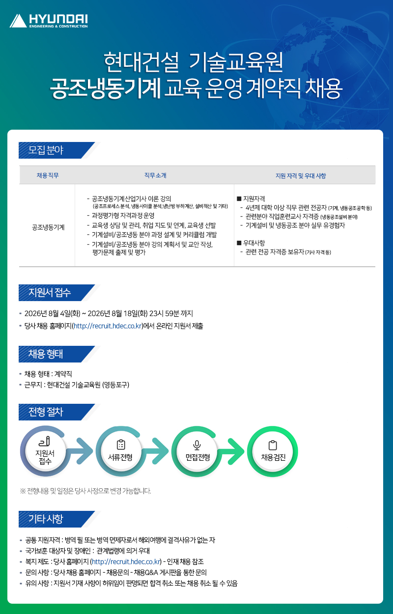 현대건설  기술교육원 공조냉동기계 교육 운영 계약직 채용, 모집 분야, 채용직무 공조냉동기계, 직무소개&nbsp;공조냉동기계산업기사 이론 강의 (공조프로세스 분석, 냉동사이클 분석,냉난방 부하계산, 설비적산 및 기타),  과정평가형 자격과정 운영, 교육생 상담 및 관리, 취업 지도 및 연계, 교육생 선발, 기계설비/공조냉동 분야 과정 설계 및 커리큘럼 개발, 기계설비/공조냉동 분야 강의 계획서 및 교안 작성,  평가문제 출제 및 평가, 지원 자격 및 우대사항, 지원자격 4년제 대학 이상 직무 관련 전공자 (기계, 냉동공조공학 등), 관련분야 직업훈련교사 자격증 (냉동공조설비 분야), 기계설비 및 냉동공조 분야 실무 유경험자, 우대사항,&nbsp;관련 전공 자격증 보유자 (기사 자격 등), 지원서접수: 2026년 8월 4일(화) ~ 2026년 8월 18일(화) 23시 59분 까지, 당사 채용 홈페이지(http://recruit.hdec.co.kr)에서 온라인 지원서 제출, 채용 형태 : 계약직, 근무지 : 현대건설 기술교육원 (영등포구), 전형절차: 지원서접수, 서류전형, 면접전형, 채용검진, ※ 전형내용 및 일정은 당사 사정으로 변경 가능합니다. 기타사항: 공통 지원자격 : 병역 필 또는 병역 면제자로서 해외여행에 결격사유가 없는 자, 국가보훈 대상자 및 장애인 :  관계법령에 의거 우대, 복지 제도 : 당사 홈페이지 (http://recruit.hdec.co.kr) - 인재 채용 참조, 문의 사항 : 당사 채용 홈페이지 - 채용문의 - 채용Q&A 게시판을 통한 문의, 유의 사항 : 지원서 기재 사항이 허위임이 판명되면 합격 취소 또는 채용 취소 될 수 있음 