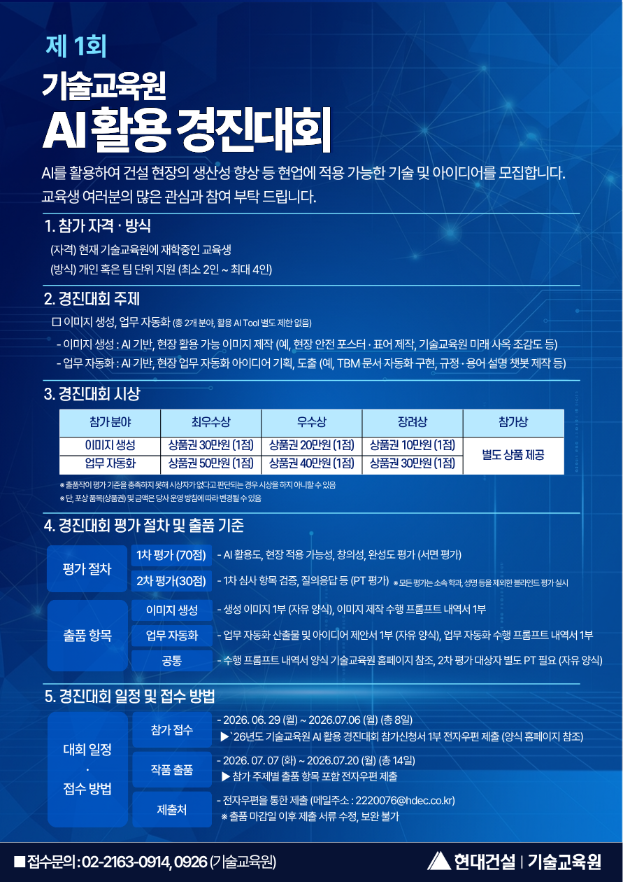 제 1회 기술교육원 AI활용 경진대회, AI를 활용하여 건설 현장의 생산성 향상 등 현업에 적용 가능한 기술 및 아이디어를 모집합니다. 교육생 여러분의 많은 관심과 참여 부탁 드립니다., 1. 참가 자격 · 방식 (자격) 현재 기술교육원에 재학중인 교육생(방식) 개인 혹은 팀 단위 지원 (최소 2인 ~ 최대 4인), 2. 경진대회 주제 □ 이미지 생성, 업무 자동화 (총 2개 분야, 활용 AI Tool 별도 제한 없음) - 이미지 생성 :&nbsp;AI 기반, 현장 활용 가능 이미지 제작 (예, 현장 안전 포스터 · 표어 제작, 기술교육원 미래 사옥 조감도 등)&nbsp;- 업무 자동화 : AI 기반, 현장 업무 자동화 아이디어 기획, 도출 (예, TBM 문서 자동화 구현,&nbsp;규정 · 용어 설명 챗봇 제작 등), 3. 경진대회 시상,<br/>이미지생성 참가분야, 최우수상 상품권30만원 (1점), 우수상 상품권20만원 (1점), 장려상 상품권 10만원(1점), 업무자동화 참가분야 최우수상 상품권50만원 (1점), 우수상 상품권40만원 (1점), 장려상 상품권 30만원(1점), 참가상 전원 별도 상품 제공, ※ 출품작이 평가 기준을 충족하지 못해 시상자가 없다고 판단되는 경우&nbsp;시상을 하지 아니할 수 있음&nbsp;※ 단, 포상 품목(상품권) 및 금액은 당사 운영 방침에 따라 변경될 수 있음, 4. 경진대회 평가 절차 및 출품 기준, 평가 절차, 1차 평가(70점) - AI 활용도, 현장 적용 가능성, 창의성, 완성도 평가 (서면 평가), 2차 평가(30점) - 1차 심사 항목 검증, 질의응답 등 (PT 평가), *모든 평가는 소속 학과, 성명 등을 제외한 블라인드 평가 실시, 출품항목 이미지생성분야 - 생성 이미지 1부 (자유 양식), 이미지 제작 수행 프롬프트 내역서 1부, 업무자동화분야 - 업무 자동화 산출물 및 아이디어 제안서 1부 (자유 양식), 업무 자동화 수행 프롬프트 내역서 1부, 공통사항 - 수행 프롬프트 내역서 양식 기술교육원 홈페이지 참조, 2차 평가 대상자 별도 PT 필요 (자유 양식), 5. 경진대회 일정 및 접수 방법, 대회일정 및 접수방법, 참가점수, &nbsp;- 2026. 06. 29 (월) ~ 2026.07.06 (월) (총 8일), ▶`26년도 기술교육원 AI 활용 경진대회 참가신청서 1부 전자우편 제출 (양식 홈페이지 참조), 작품 출품, - 2026. 07. 07 (화) ~ 2026.07.20 (월) (총 14일), ▶ 참가 주제별 출품 항목 포함 전자우편 제출, 제출처, - 전자우편을 통한 제출 (메일주소 : 2220076@hdec.co.kr), ※ 출품 마감일 이후 제출 서류 수정, 보완 불가, ■ 접수문의 : 02-2163-0914, 0926&nbsp;(기술교육원), 현대건설 기술교육원